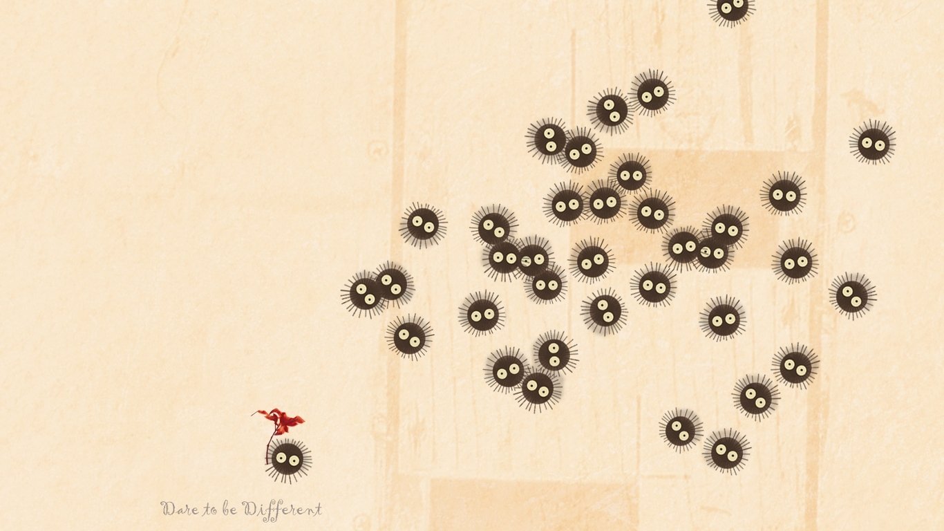 A scene from the anime Spirited Away, featuring a small red figure surrounded by playful, black soot spirits with expressive eyes on a textured background.
