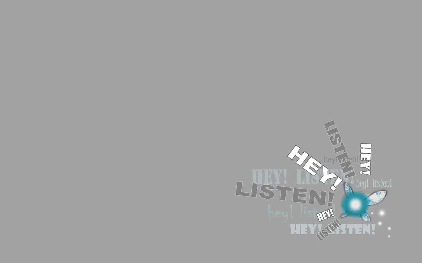Minimal graphic design of a glowing blue Navi fairy and scattered HEY! LISTEN! speech-bubble text from The Legend of Zelda: Ocarina of Time video game.