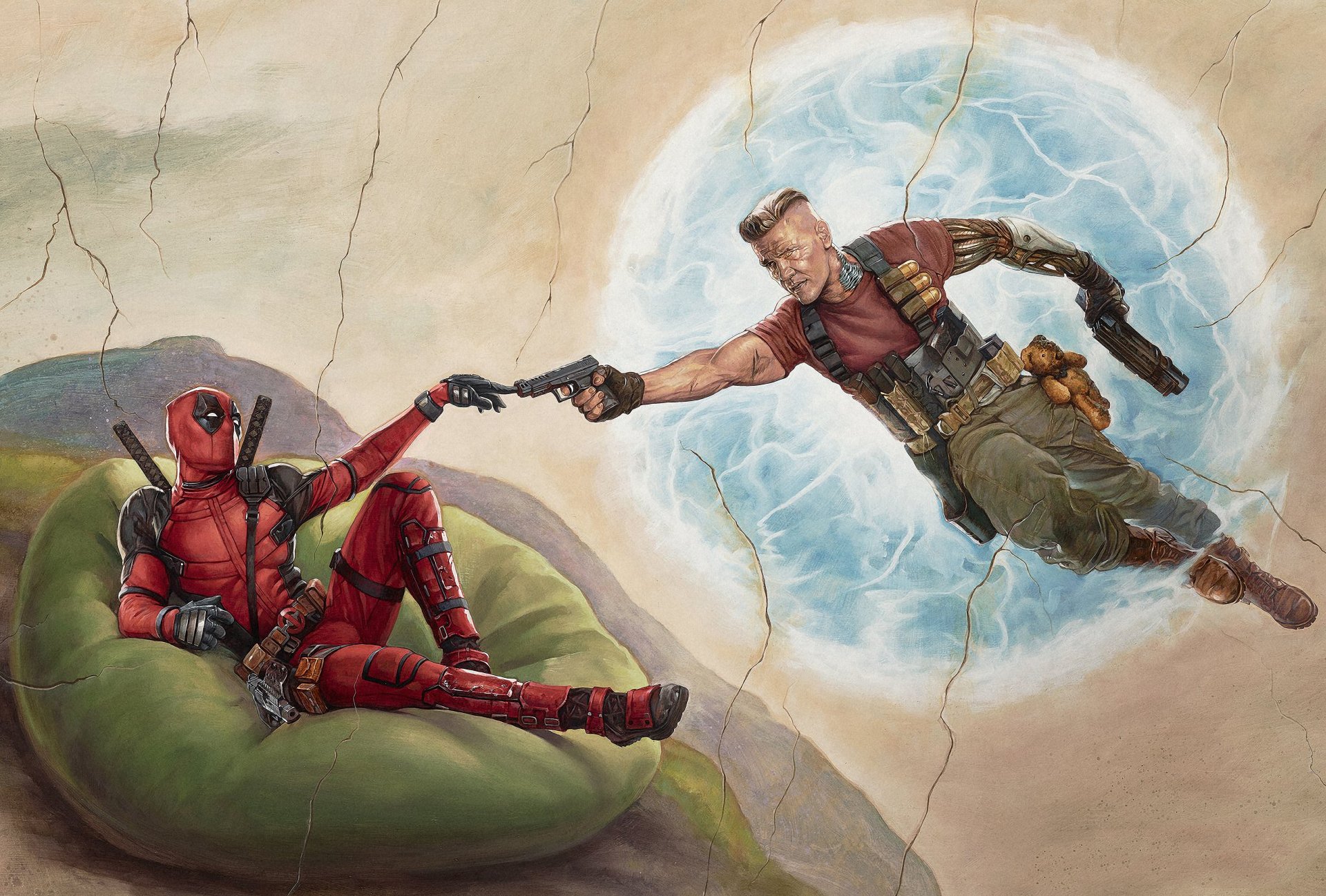 A vibrant illustration featuring Deadpool lounging on a green bean bag while Cable emerges from a portal, guns drawn, capturing the dynamic duo from the movie Deadpool 2.