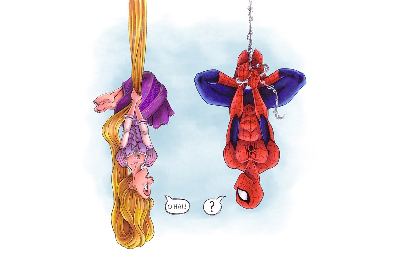 A funny cartoon shows Rapunzel hanging upside down by her hair, greeting Spider-Man who is also hanging upside down, both looking surprised.