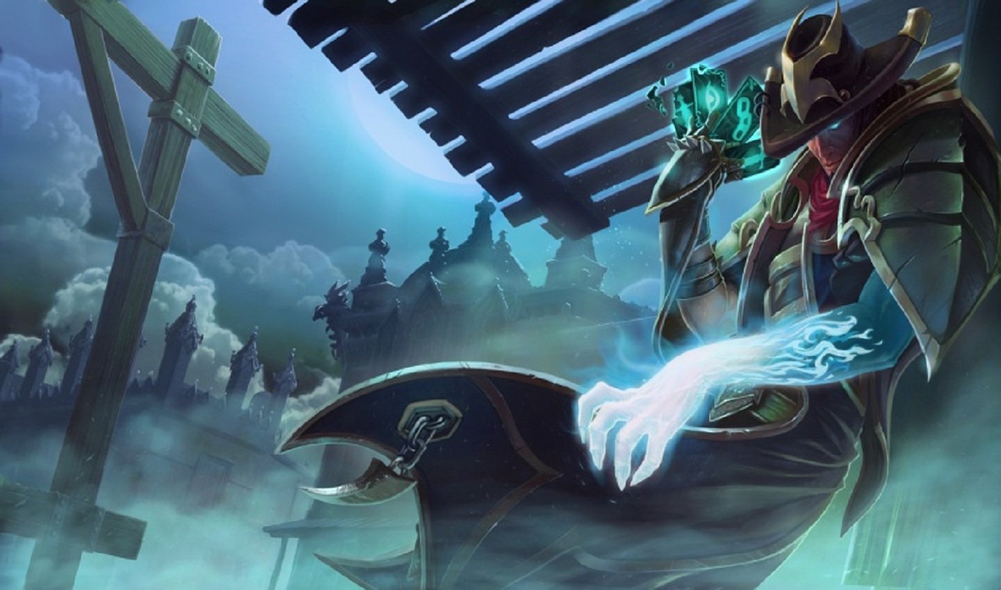 Twisted Fate from League of Legends, clad in a dark outfit, casts a spell as he leans against a structure, surrounded by a mysterious, foggy environment.