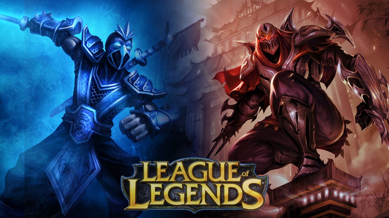 A dynamic image from League of Legends featuring Zed in dark armor on the right and Shen in a blue hue on the left, showcasing their distinct styles and the game's intense atmosphere.
