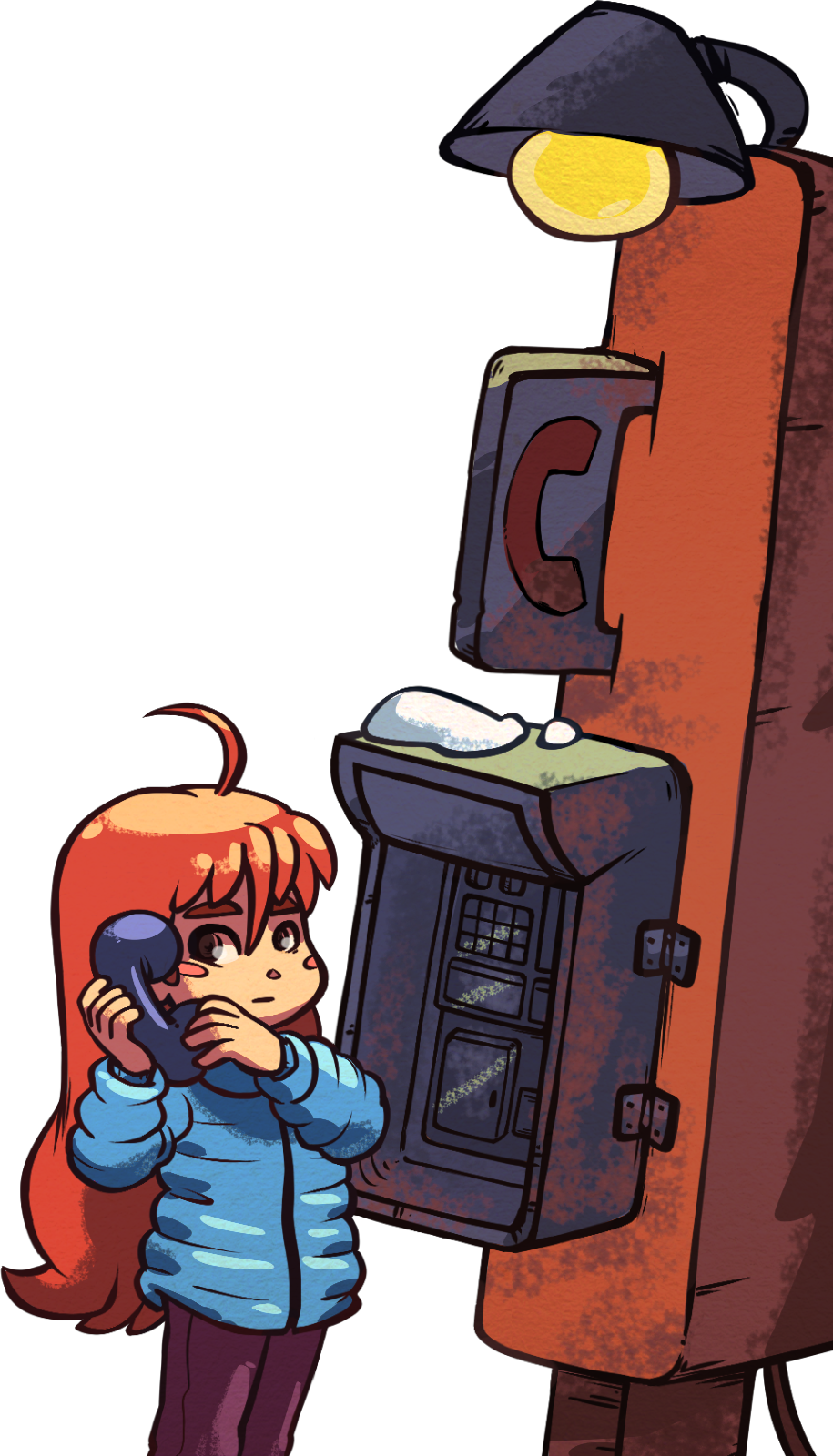 Celeste, a red-haired girl in a blue puffy jacket, nervously holds a payphone receiver beneath a lamp-lit, snow-dusted payphone.