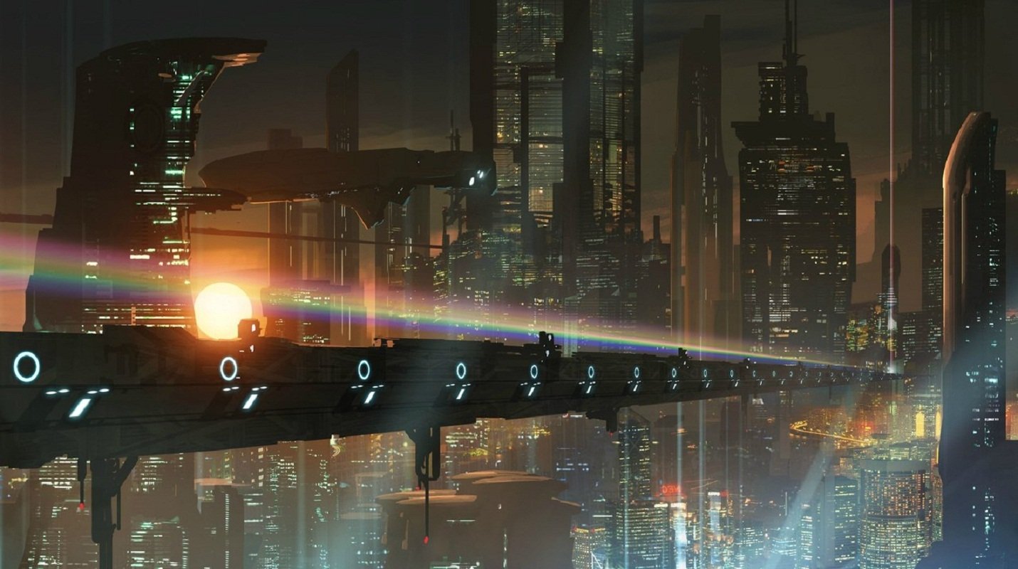 A vibrant sci-fi cityscape at sunset, featuring towering skyscrapers and advanced transportation systems, illuminated by colorful lights and a glowing rainbow across the skyline.