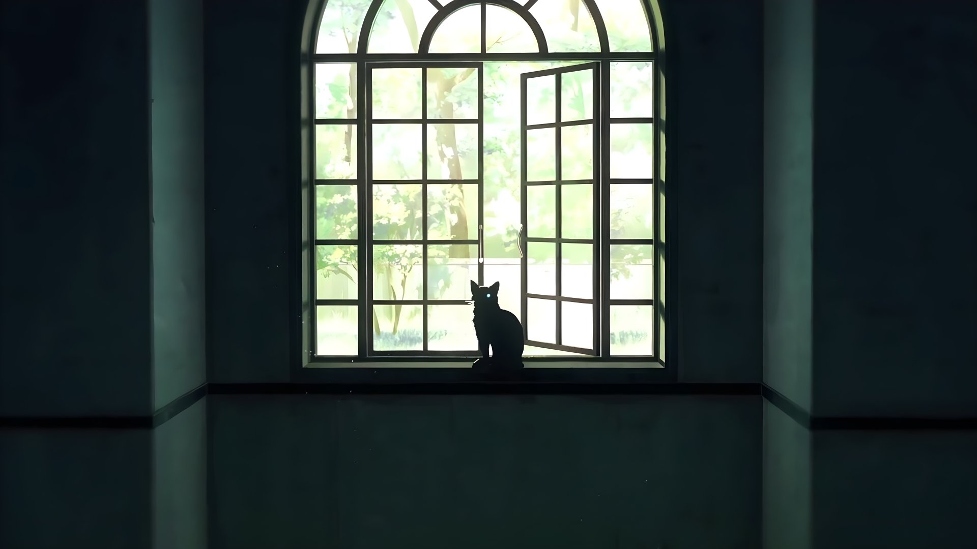 An anime (Jujutsu Kaisen) scene: a silhouetted cat perches on an arched windowsill, open panes framing a sunlit, leafy courtyard beyond.