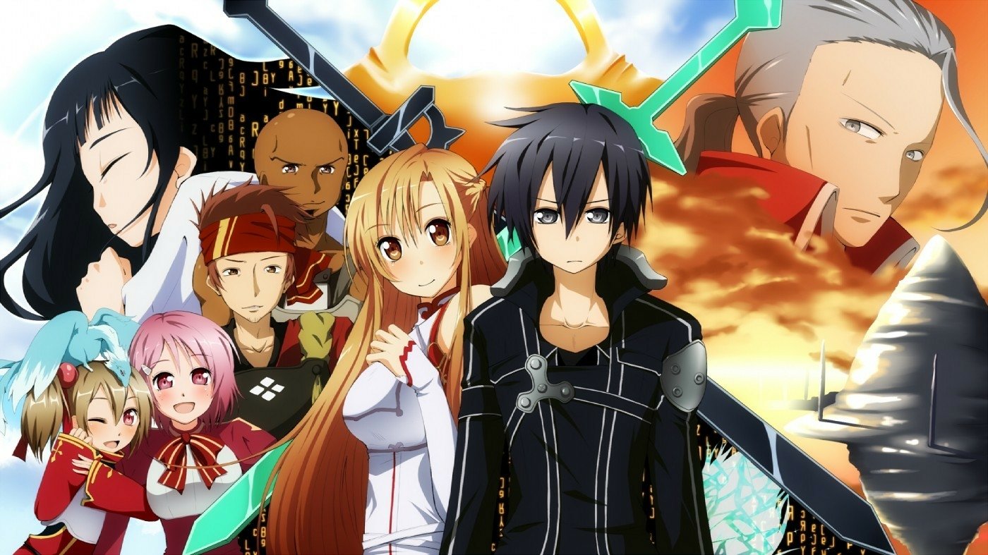 A vibrant collage of characters from Sword Art Online, featuring Kirito, Asuna Yuuki, Agil, Lisbeth, Klein, Yui, Heathcliff, Pina, and Silica, set against a dynamic background.