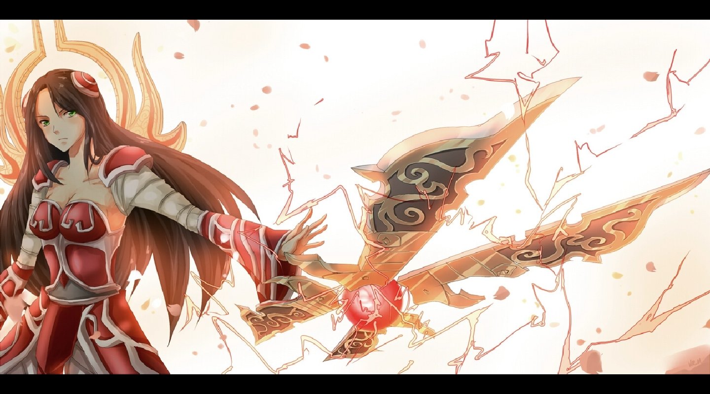 Irelia from League of Legends wields glowing, ornate blades surrounded by dynamic energy in this vibrant video game artwork.