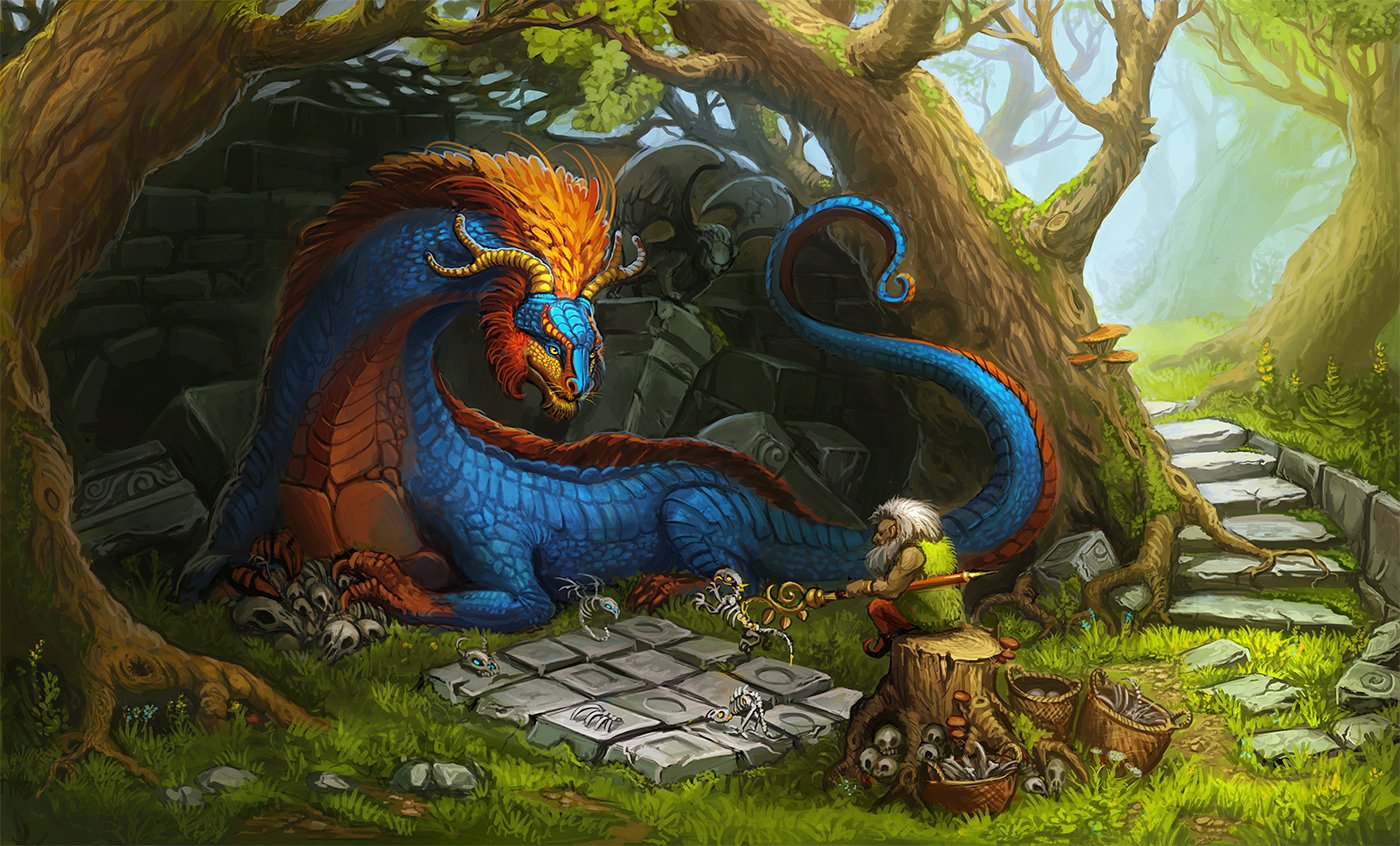 A vibrant blue dragon with an orange mane lounging in a mystical forest, while a small figure interacts nearby amidst ancient stones and twisted trees.