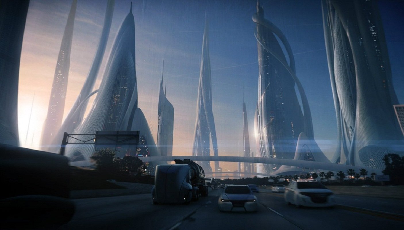 A futuristic sci-fi city skyline looms in the background, featuring sleek, towering structures and a busy highway, illuminated by a soft, ethereal light.