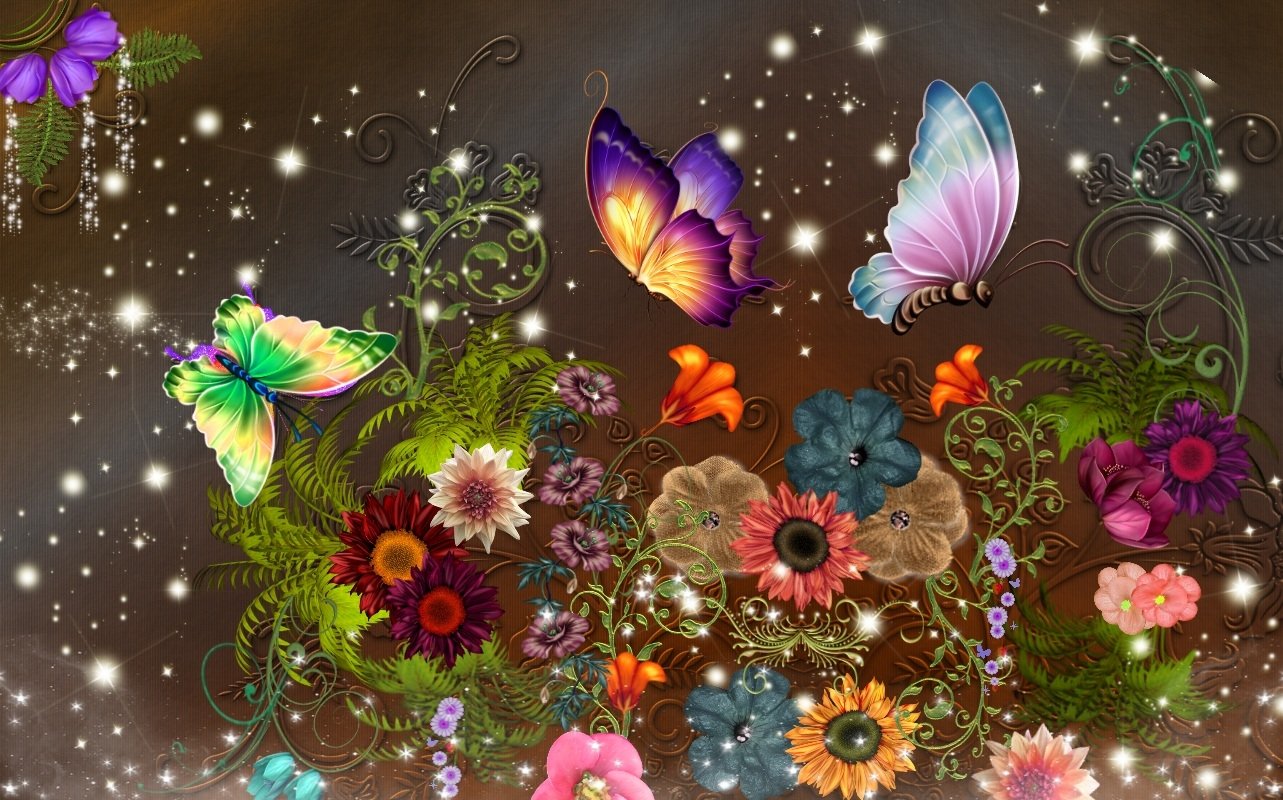 An artistic depiction of vibrant flowers in various colors and butterflies, set against a whimsical background, celebrating the essence of spring and fantasy.