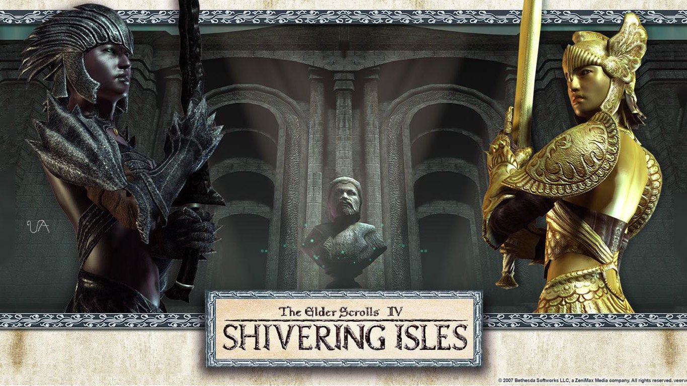 Screenshot from The Elder Scrolls IV: Oblivion – Shivering Isles showing two armored characters facing each other with a statue in the background.