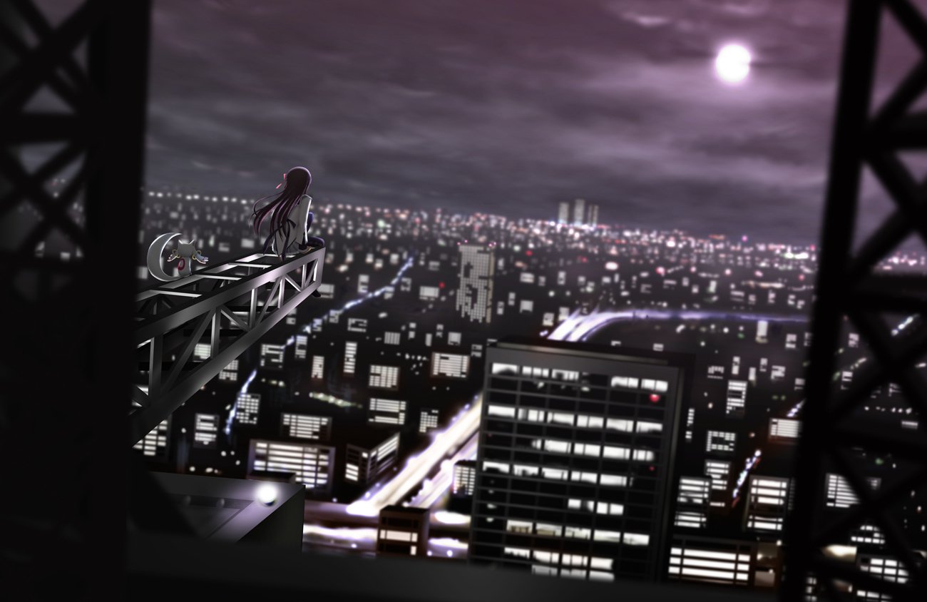 Homura Akemi stands on a city rooftop at night, overlooking the skyline while Kyuubey watches nearby, capturing a moment from Puella Magi Madoka Magica.