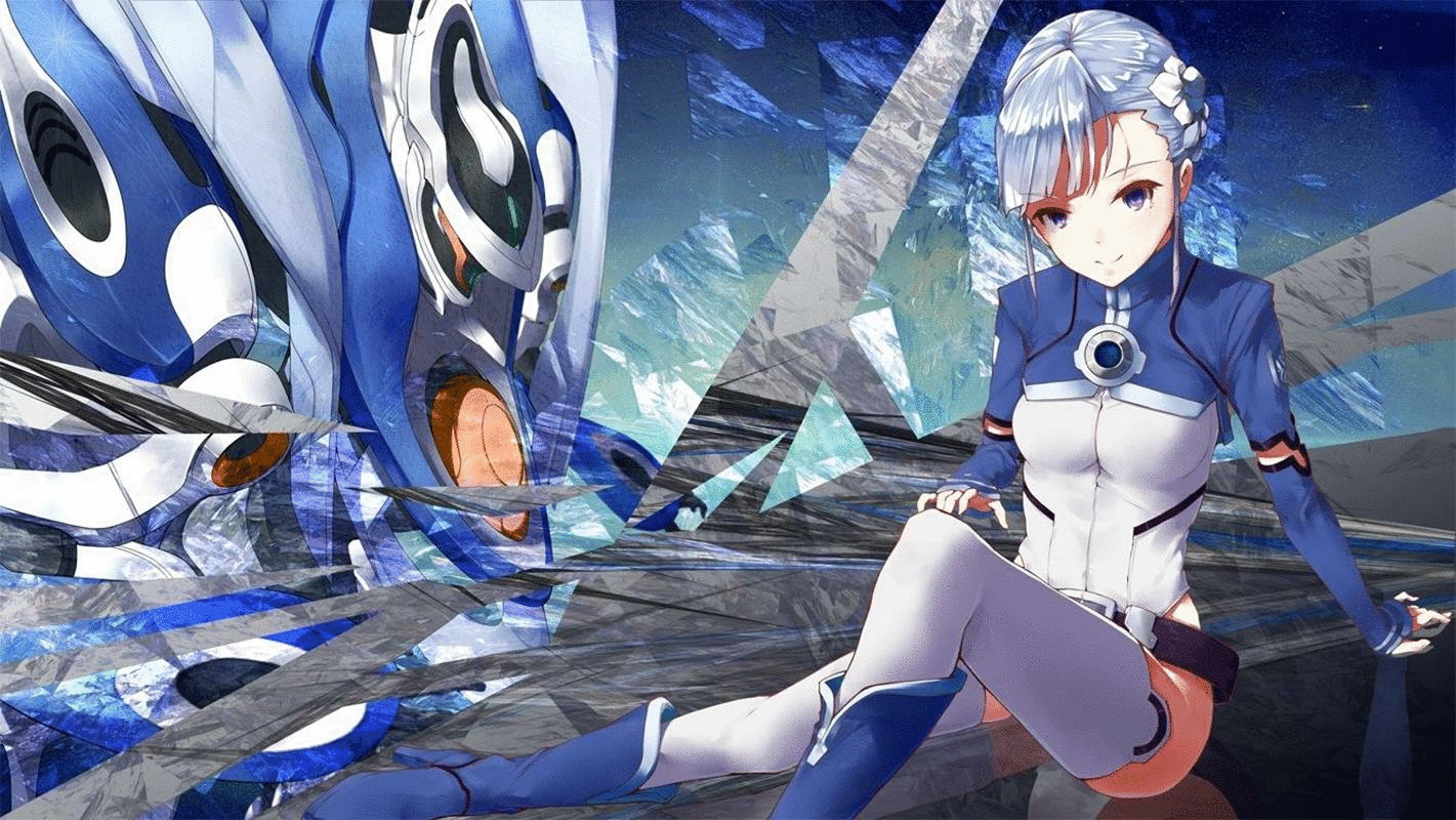 Anime scene from Lagrange: The Flower of Rin-ne featuring a character in a futuristic outfit seated beside a large, mechanical, blue-and-white creature.