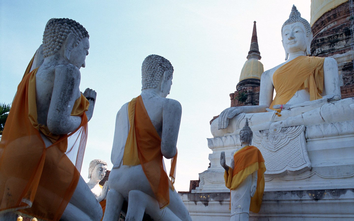 Three Buddha statues adorned with orange sashes face a larger seated Buddha, creating a serene atmosphere that reflects the essence of Buddhism.
