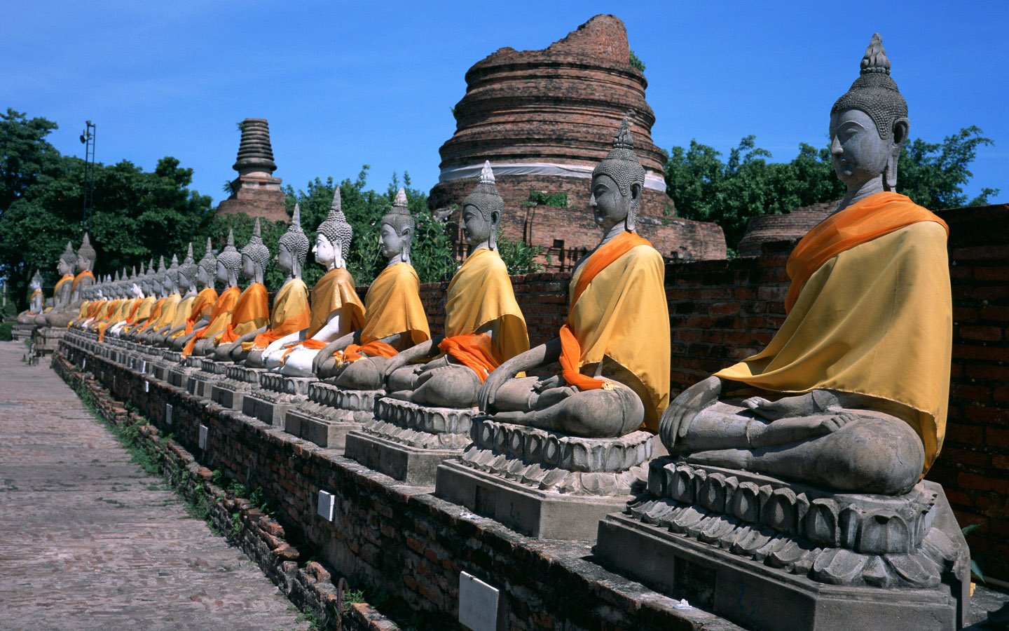 A serene landscape featuring rows of Buddha statues clad in orange robes, surrounded by ancient ruins, symbolizing the tranquility and heritage of Buddhism.
