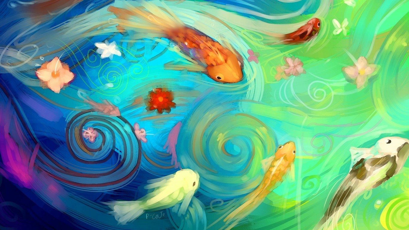 A colorful, artistic depiction of fish swimming gracefully through swirling, vibrant waters with floating flowers enhancing the lively aquatic scene.