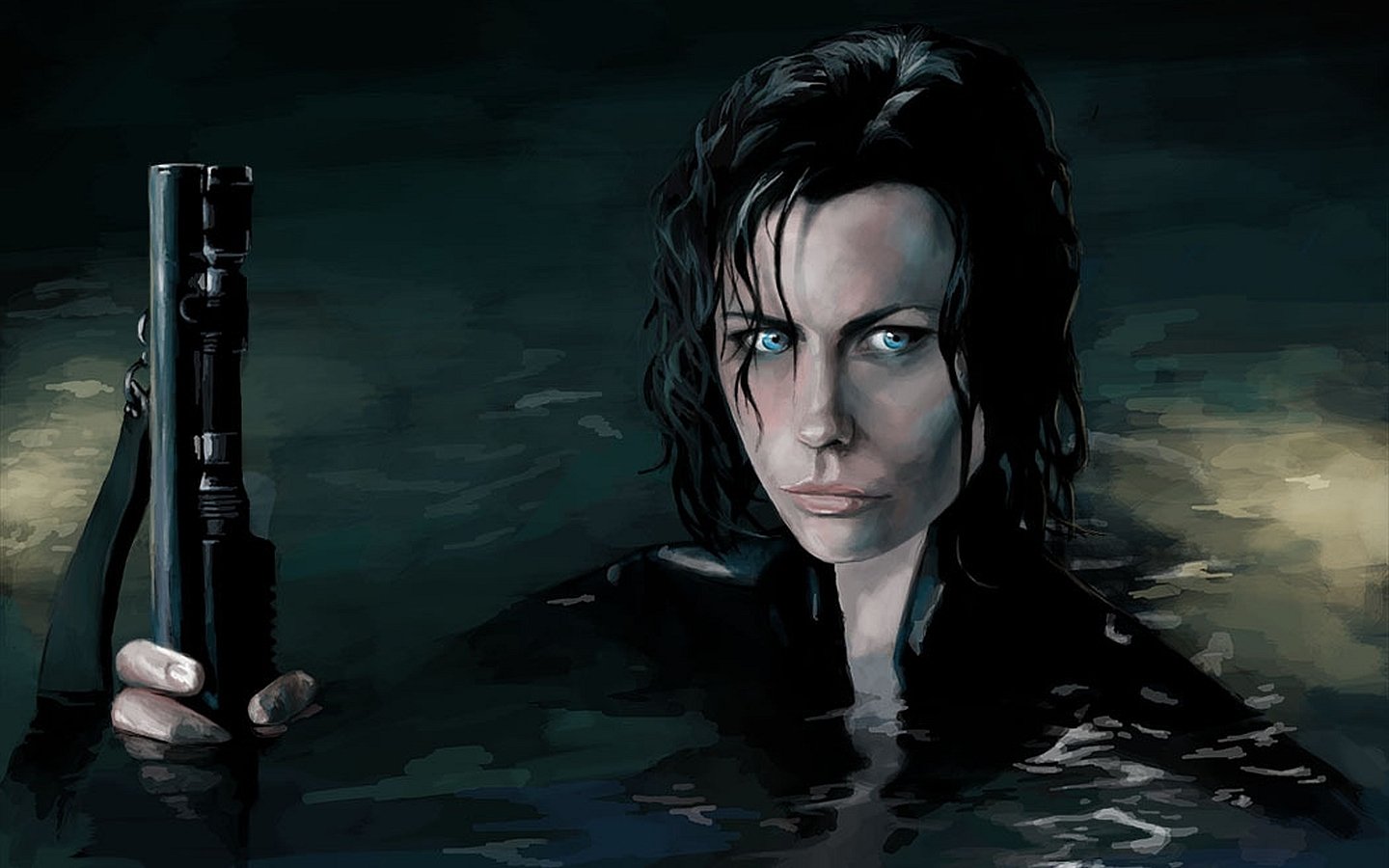 A woman with wet hair and intense blue eyes holds a gun while emerging from the dark water, evoking a scene from the movie Underworld: Evolution.