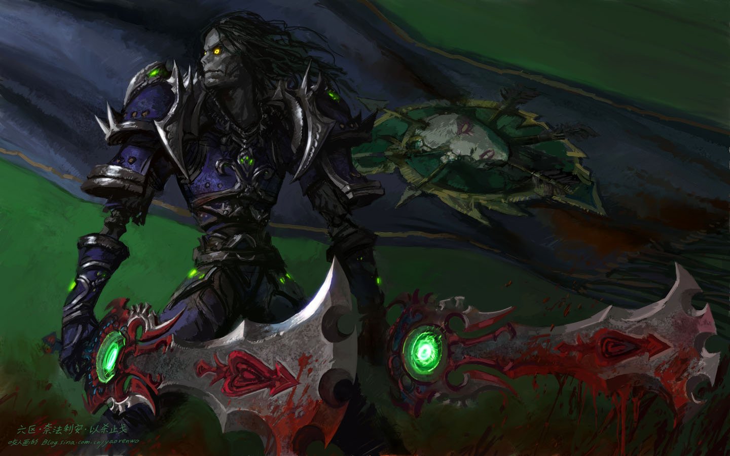 Video game World of Warcraft: dark armored warrior with glowing green eyes wields two blood-streaked, rune-etched twin blades with green gems against a stormy green background.