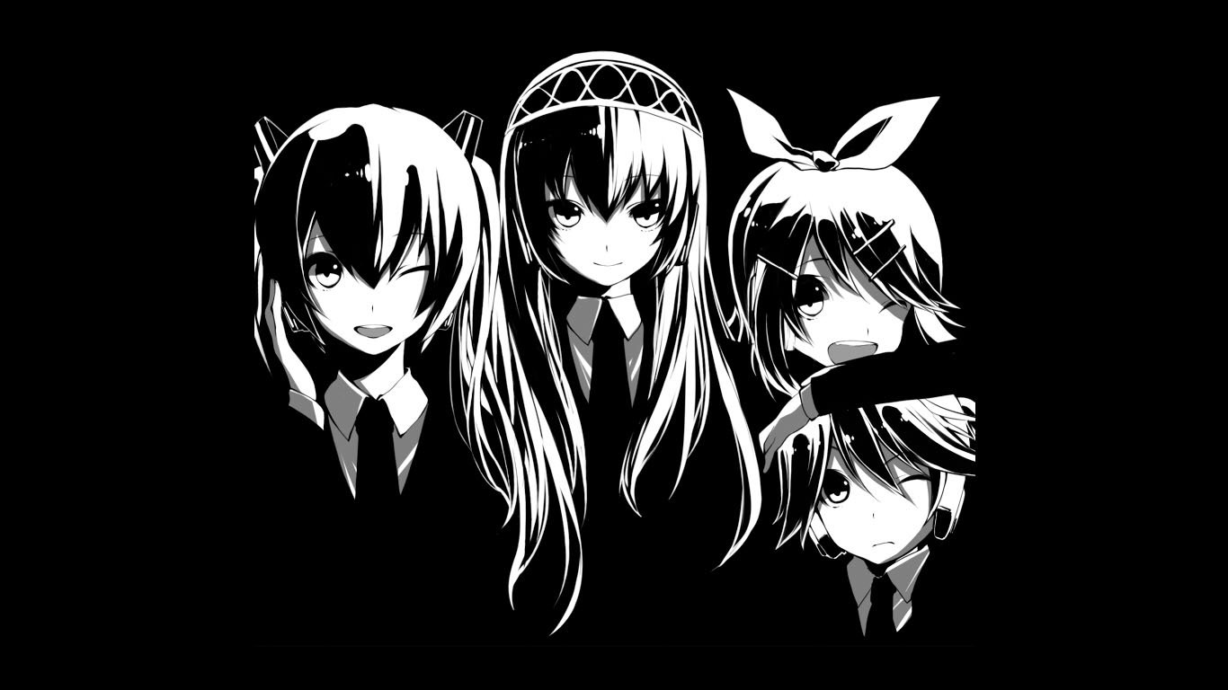 Four Vocaloids—Len and Rin Kagamine, Luka Megurine, and Hatsune Miku—presented in a striking black-and-white anime style, each character exuding a unique flair.