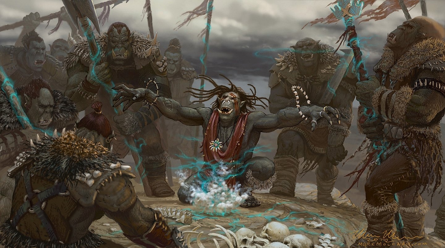 A fantasy scene depicting a shamanic creature performing a ritual surrounded by imposing, armored fantasy creatures under a stormy sky.
