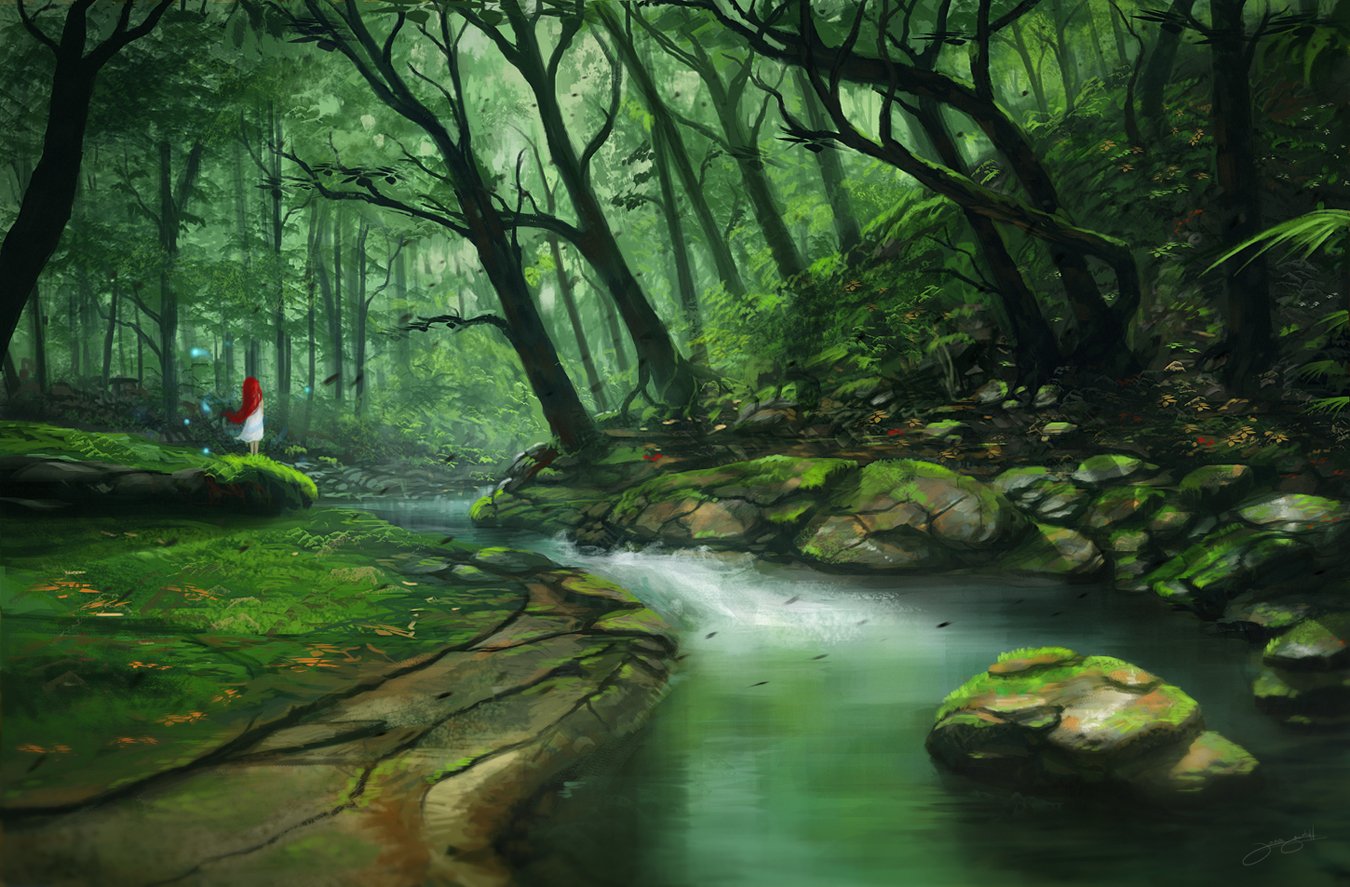 A lush fantasy landscape featuring a serene forest with towering trees, a gentle stream flowing over rocks, and a solitary figure in red standing on a mossy bank.