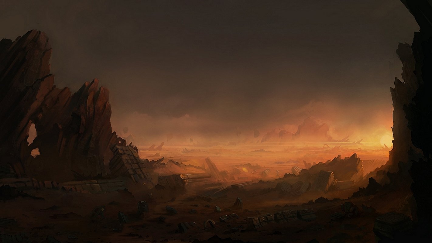 A dramatic fantasy landscape at dusk with jagged rocky formations silhouetted against an orange and darkening sky.
