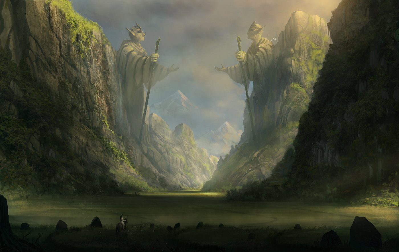 A breathtaking fantasy landscape features towering statues amidst lush mountains, casting shadows over a serene valley, creating a mystical and enchanting atmosphere.