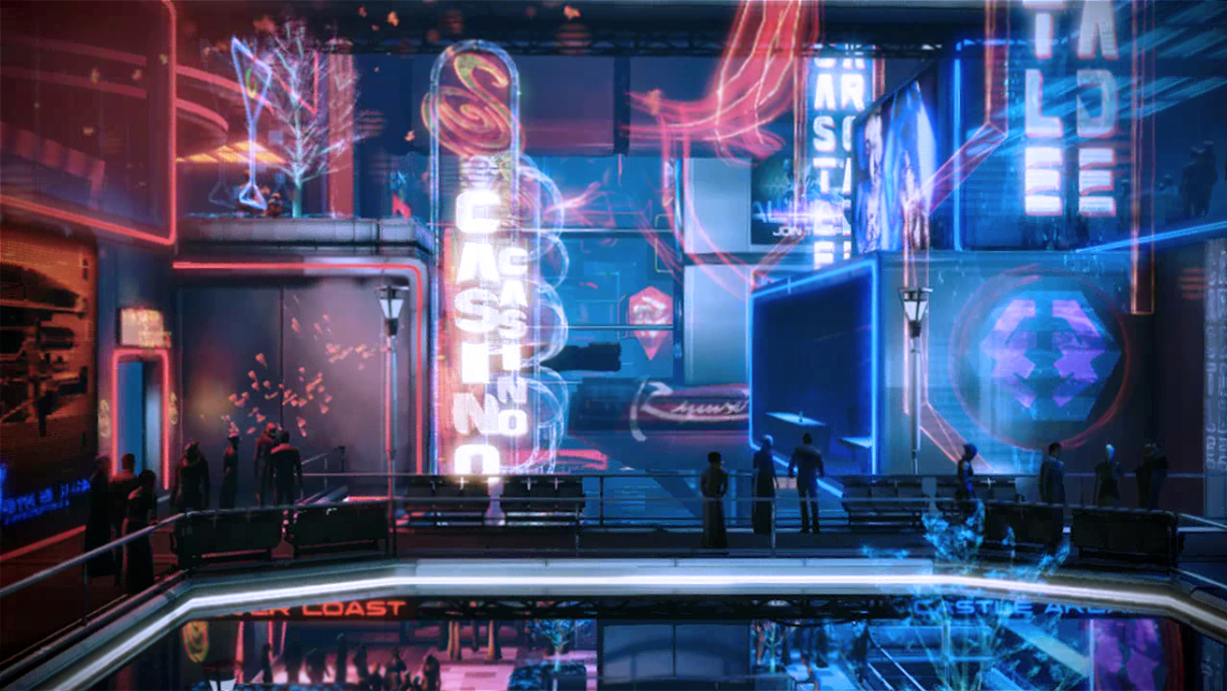 Mass Effect 3: neon-lit Citadel promenade with silhouetted crowds on a balcony, glowing casino signs, holograms and blue-pink lighting.