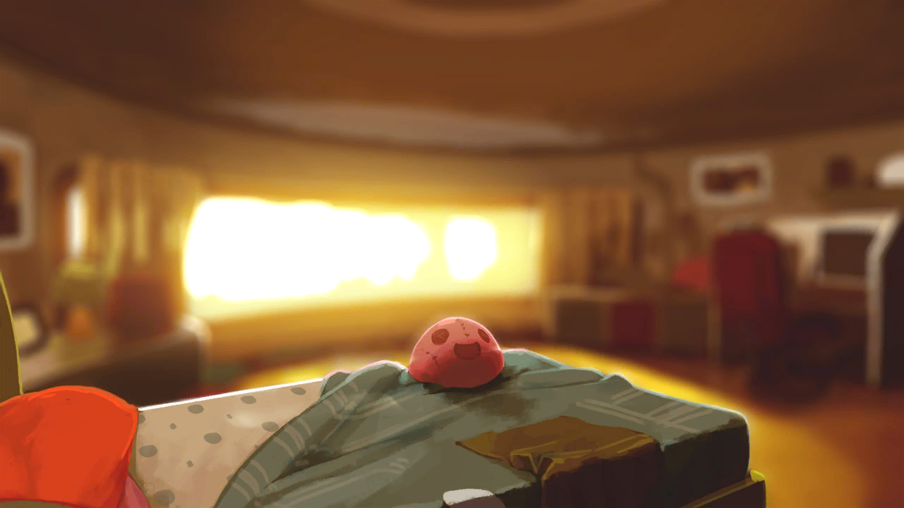 Sunlit cozy bedroom with a small pink slime perched on a rumpled bedspread, in the colorful Slime Rancher art style.