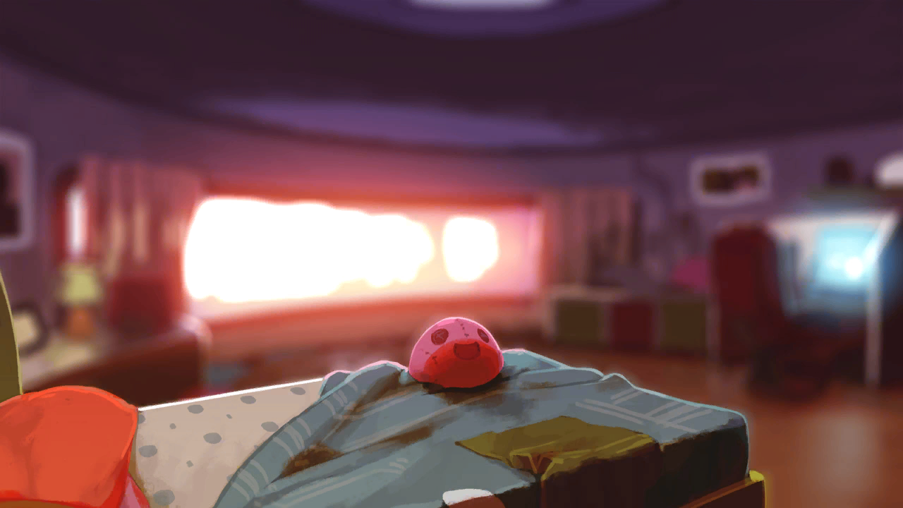 A pink slime from Slime Rancher sits on a rumpled bed in a cozy room as warm orange sunset light pours through the window.
