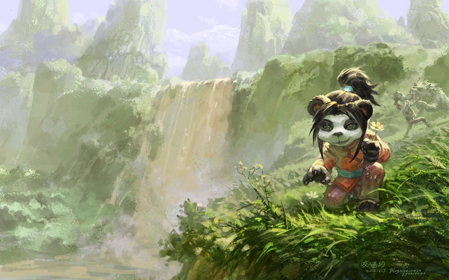 A Pandaren character stands on a grassy hill overlooking a lush, mountainous landscape with a waterfall in the background from World of Warcraft: Mists of Pandaria.