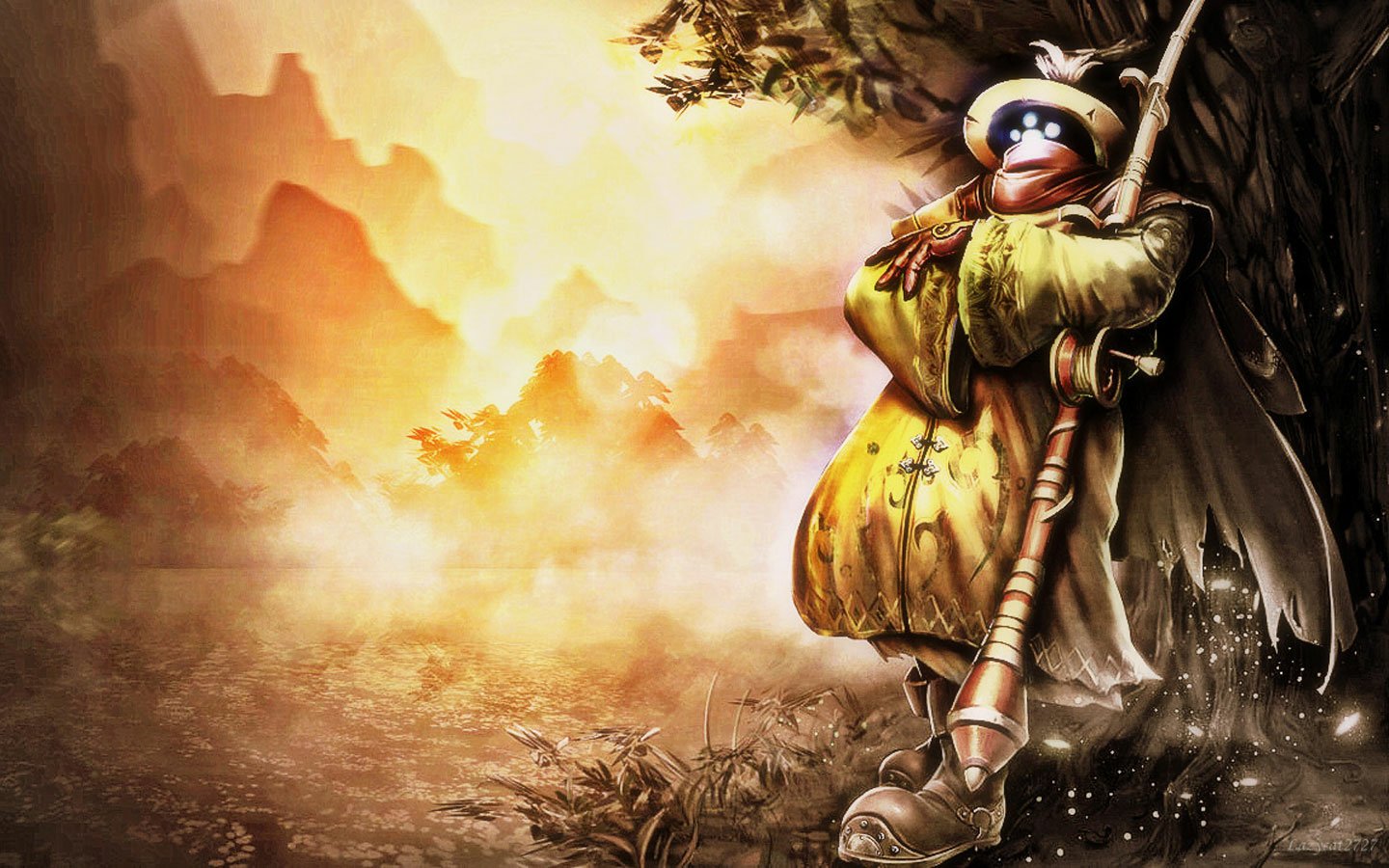 Jax from League of Legends stands leaning on his weapon against a tree, with a glowing, misty landscape in the background.