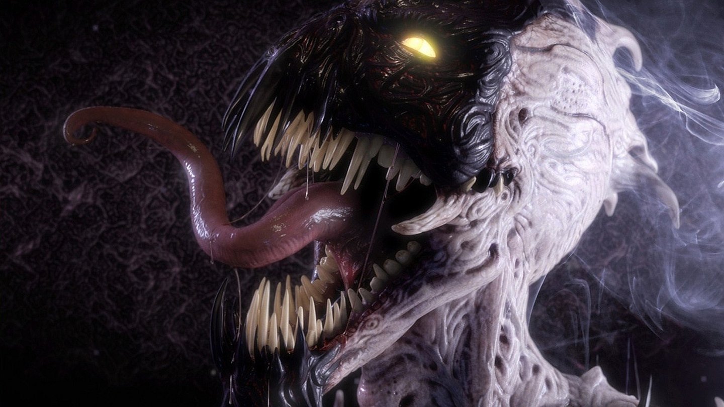 Close-up of the comic character Anti-Venom with contrasting black and white symbiote faces, sharp teeth, and a long tongue against a dark background.