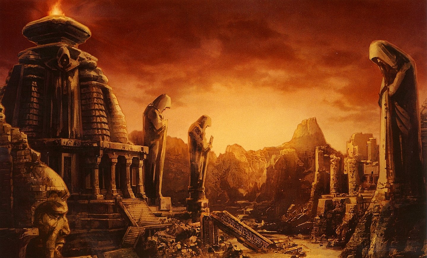 Art from the video game Star Wars: The Old Republic showing a ruined desert temple city at sunset, with towering robed statues and crumbling sandstone structures.