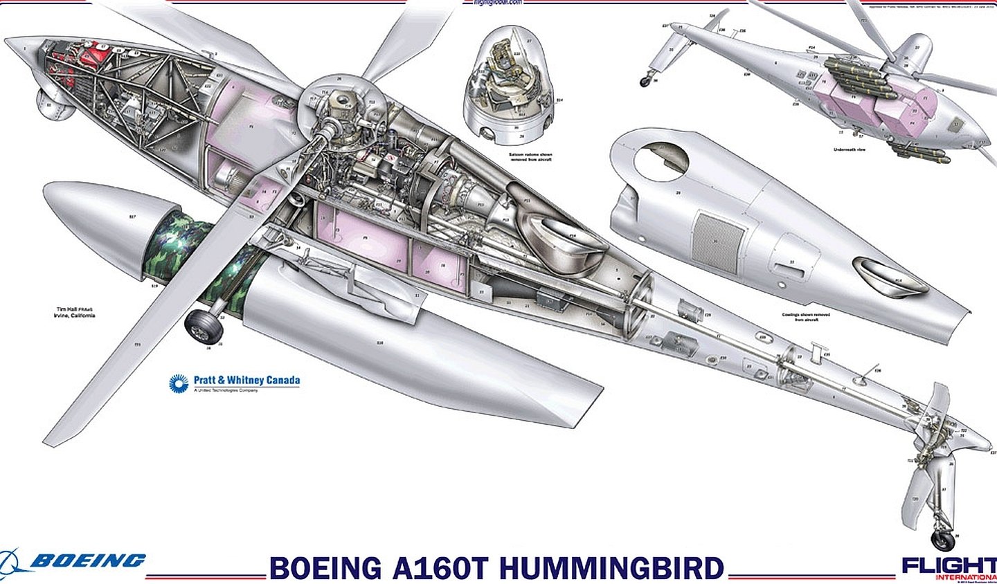 Cutaway illustration of the Boeing A160T Hummingbird military unmanned rotorcraft, revealing internal structure, engine, fuel tanks, rotor system and avionics.