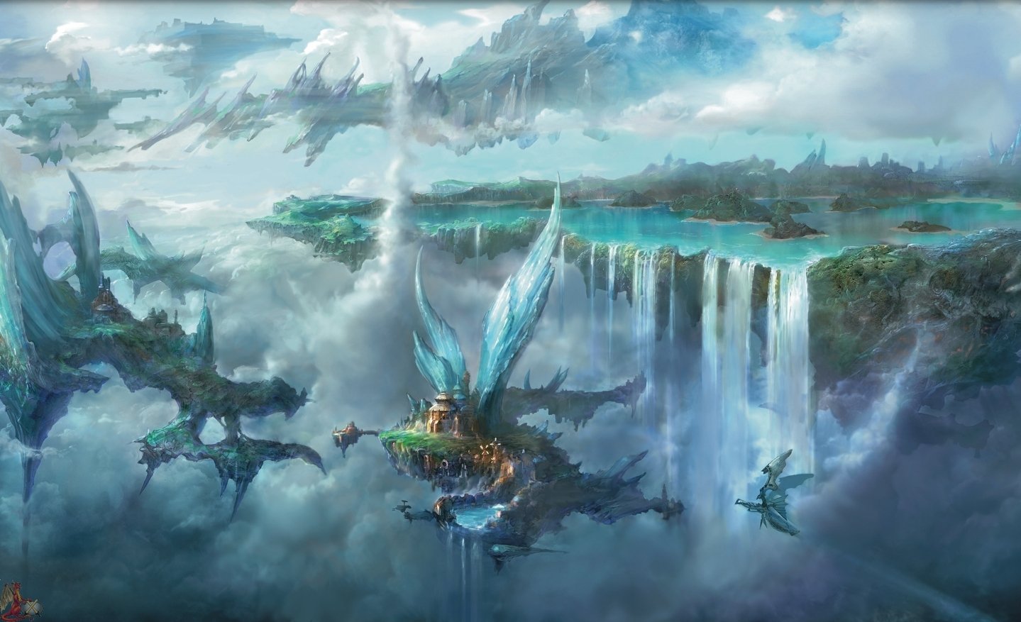 A vast, ethereal landscape from Final Fantasy XII features floating islands, cascading waterfalls, and a serene sky, capturing the game's imaginative world.