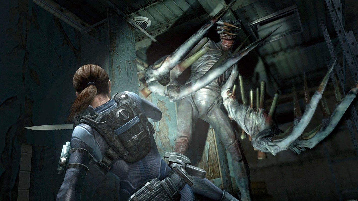 A tense moment from the video game Resident Evil: Revelations, showcasing a character facing a nightmarish creature in a dimly lit, eerie environment.