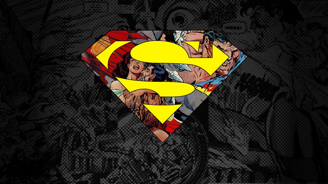 A vibrant Superman logo featuring iconic comic book art, including Lois Lane, set against a dynamic background of DC Comics illustrations.