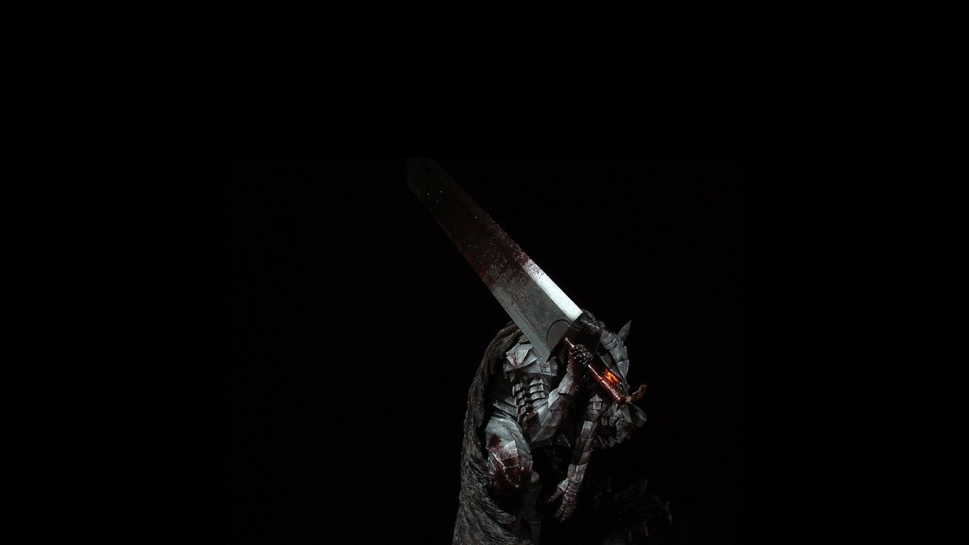 A dark and intense scene featuring a character from the anime Berserk, wielding a massive, blood-stained sword against a stark black background.