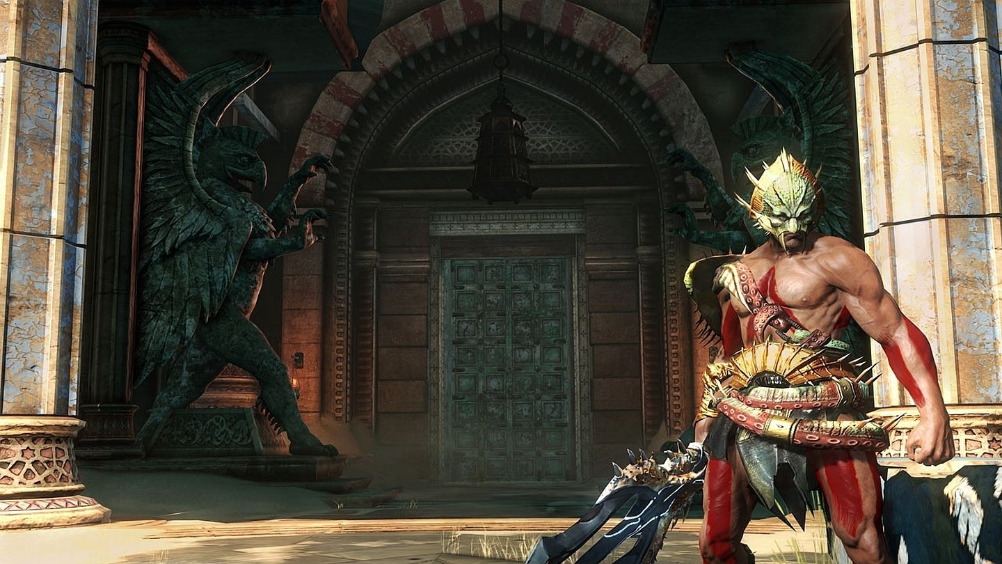 God of War: Ascension — a horned, muscular warrior wielding dual blades stands before an ornate temple entrance flanked by gargoyle statues.