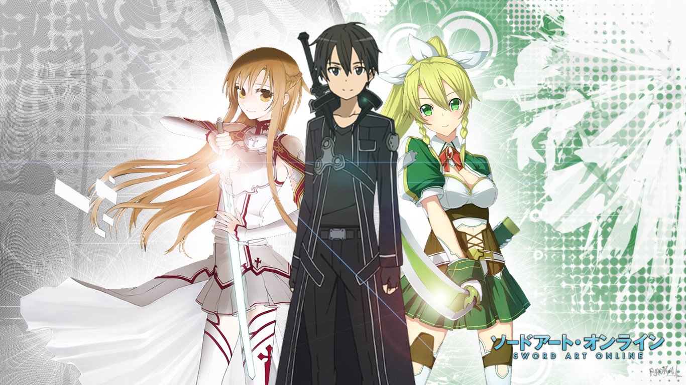 A vibrant anime scene from Sword Art Online featuring Suguha Kirigaya, Asuna Yuuki, and Kirito, showcasing their unique styles and bonds in an immersive fantasy world.