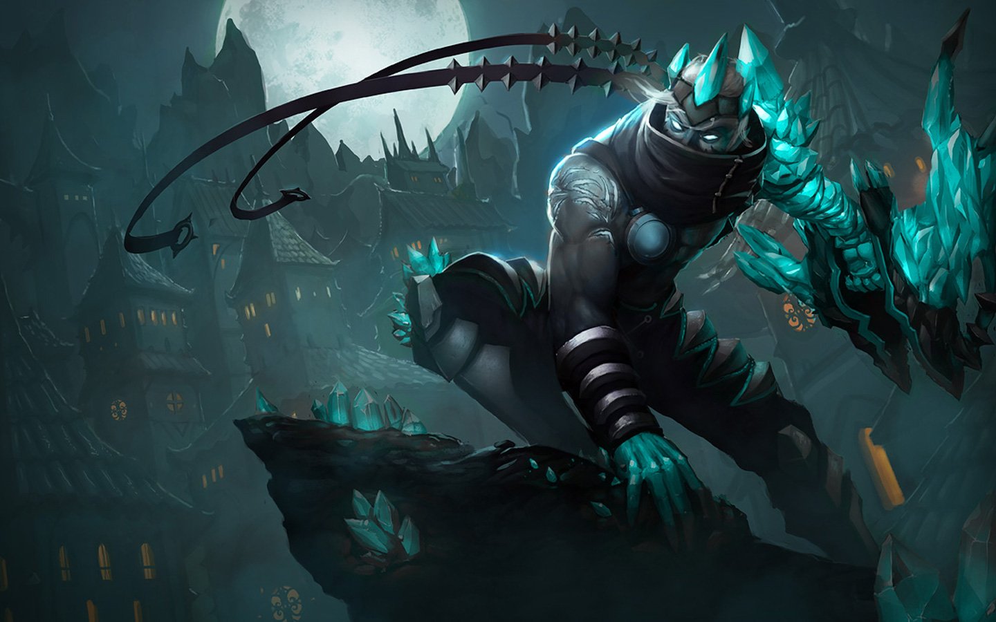 A menacing Varus from League of Legends crouches on a rocky ledge, wielding his shimmering bow against a dark, eerie backdrop of a moonlit village.