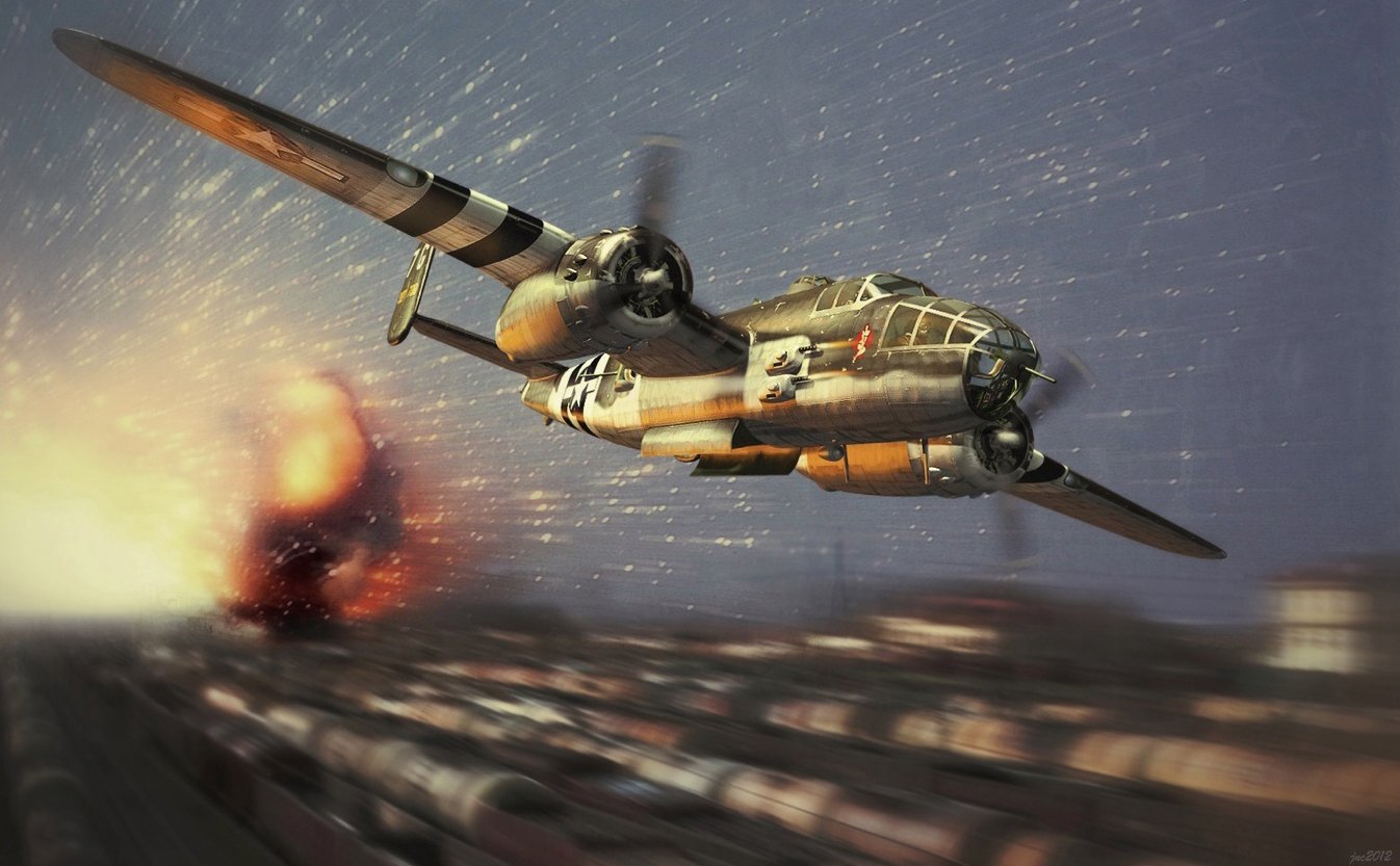 Military aircraft flying low over a cityscape with an explosion occurring below, captured in dynamic motion.