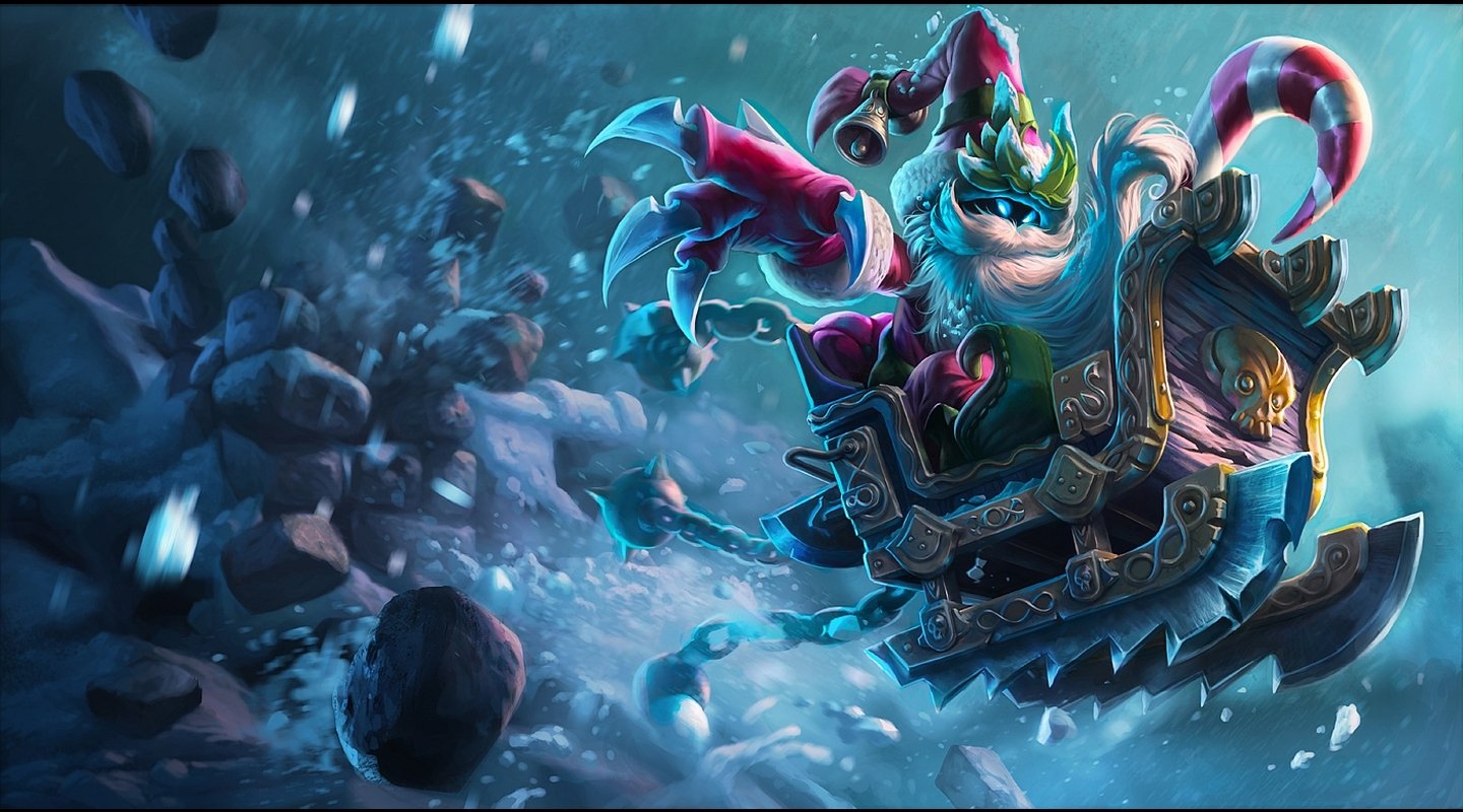 Veigar from League of Legends rides a sleigh through a snowy landscape, dressed in festive attire, showcasing the vibrant and whimsical style of the video game.