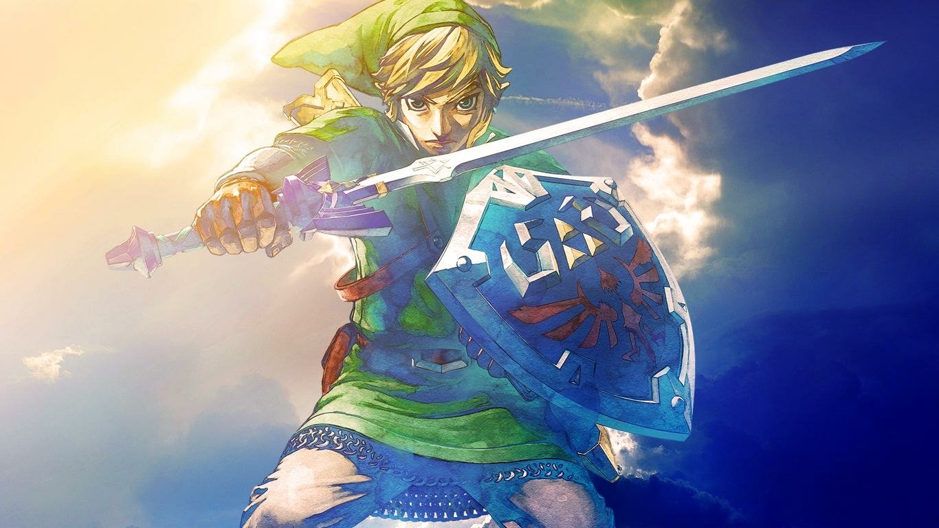 Link from The Legend of Zelda: Skyward Sword raises his sword and Hylian Shield, poised to strike against a dramatic, sunlit sky filled with clouds.