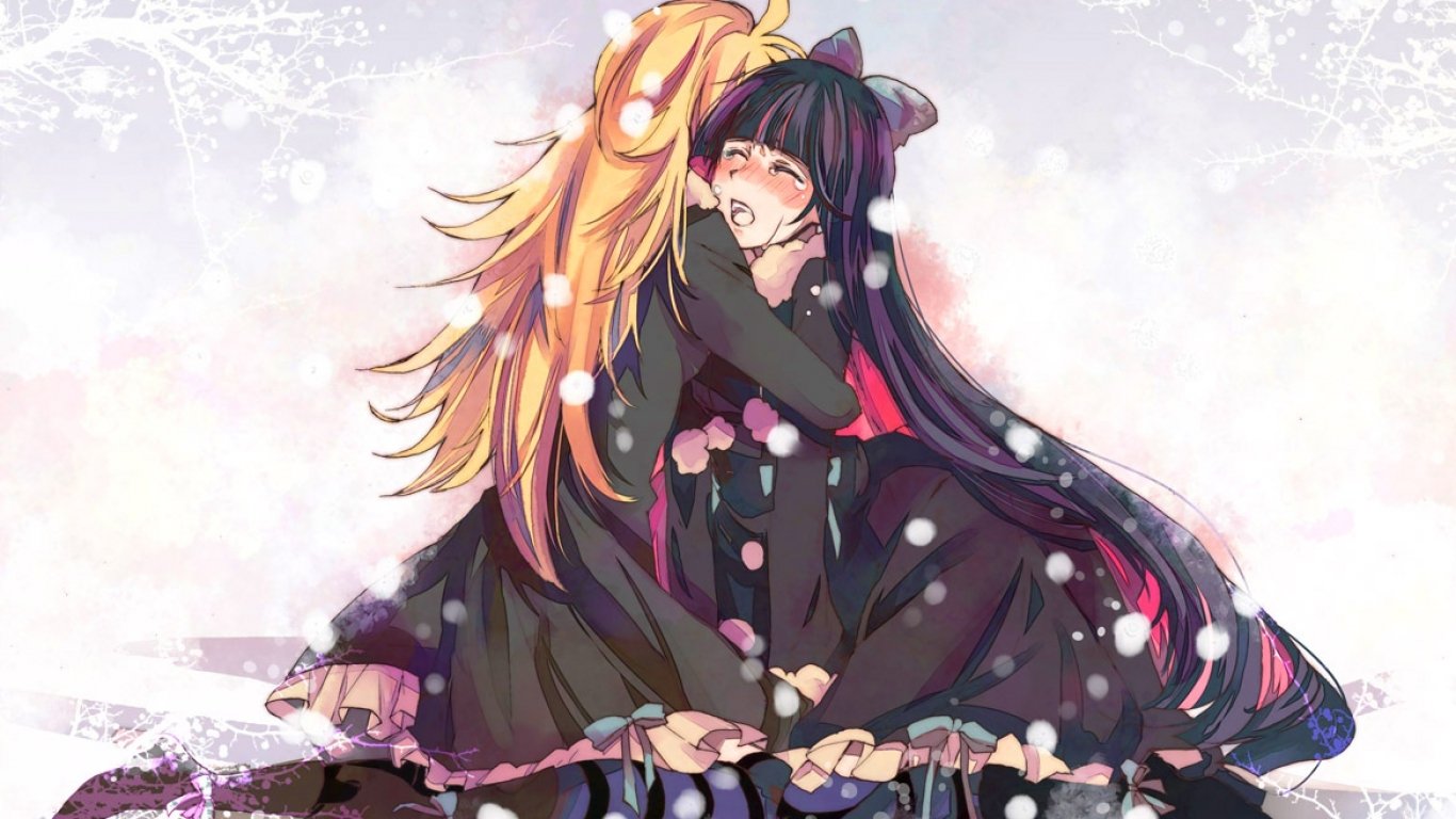 Snow falls gently around Panty and Stocking from the anime Panty & Stocking with Garterbelt as they share an intimate, emotional moment together.