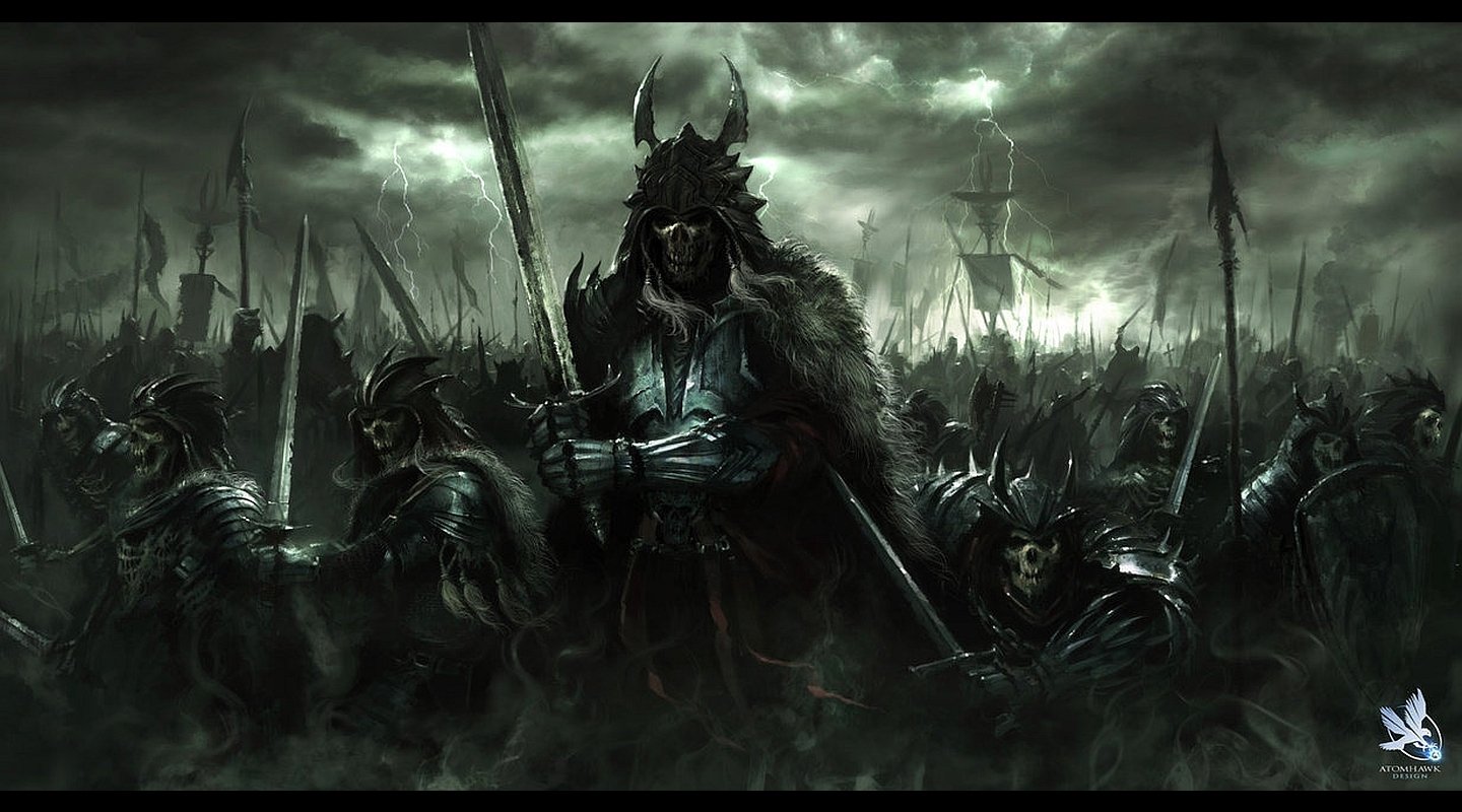 A dark warrior clad in armor leads a grim battalion under a stormy, ominous sky, evoking a sense of foreboding and relentless power.