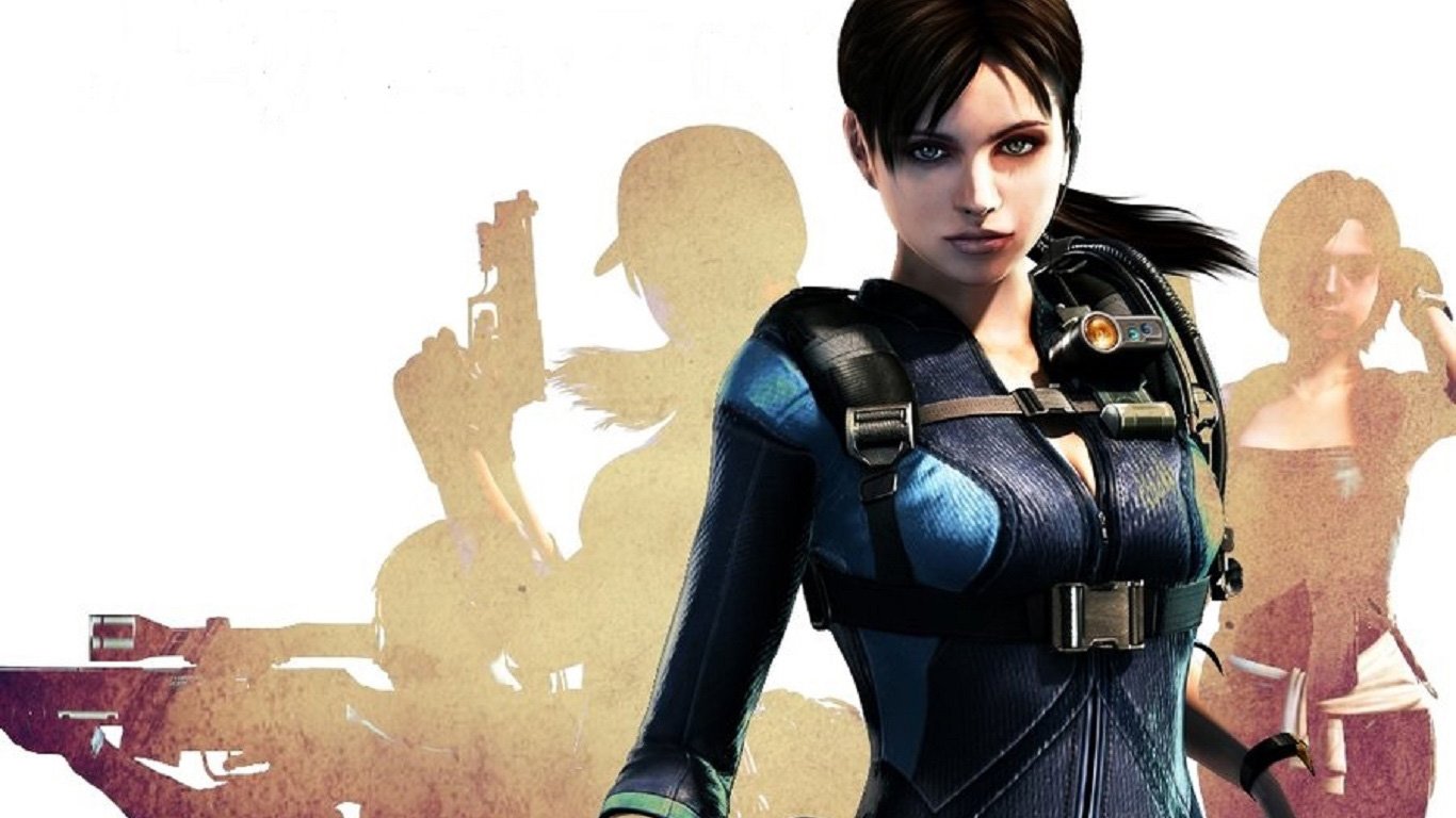 A character from the video game Resident Evil: Revelations stands in the foreground, showcasing a tactical outfit, with silhouettes of other characters in the background.