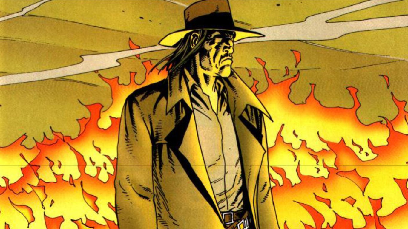 Comic illustration of a preacher wearing a hat and coat, standing resolutely in front of roaring flames.
