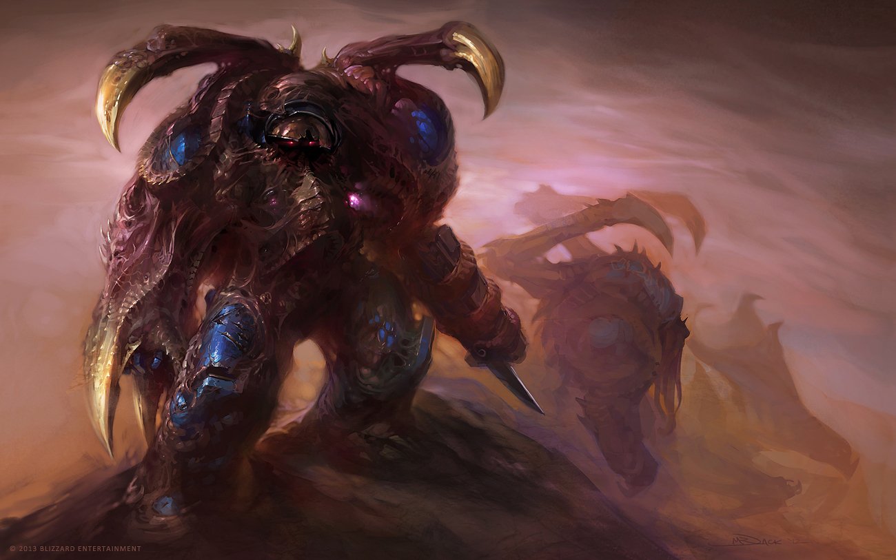 Zerg Ultralisk from StarCraft charges across a dusty battlefield, massive armored carapace, curved tusks and glowing purple accents